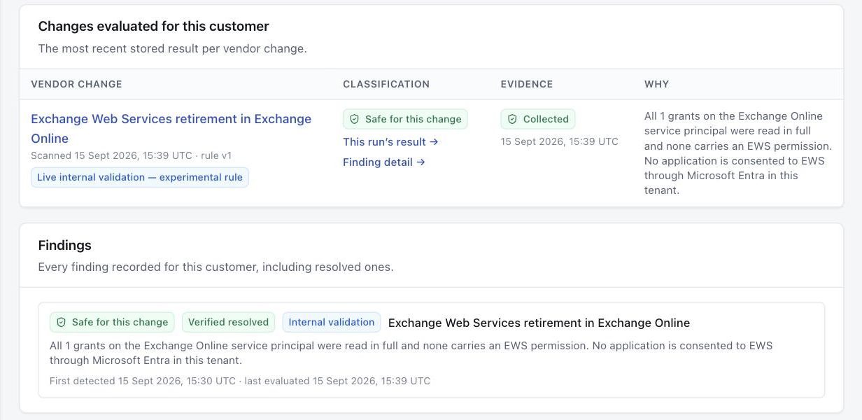 A connected Microsoft 365 test tenant with a Safe for this change classification and collected evidence