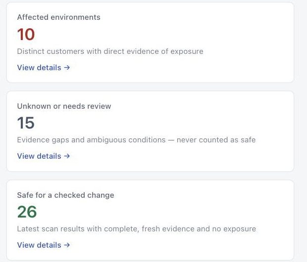 Overview counts: affected environments, results that are unknown or need review, and results that are safe for a checked change