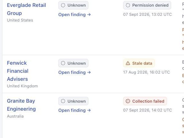 Per-customer results for one change: Unknown results marked Permission denied, Stale data and Collection failed, then Safe for this change results